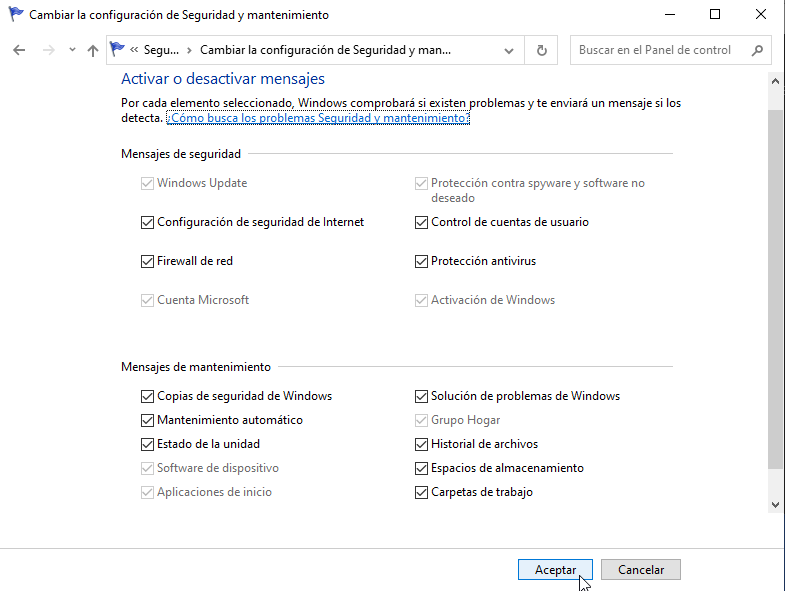 Fig. Cambiar la configuración de Seguridad y mantenimiento