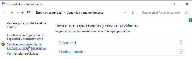 Fig. Cambiar configuración de Control de cuentas de usuario