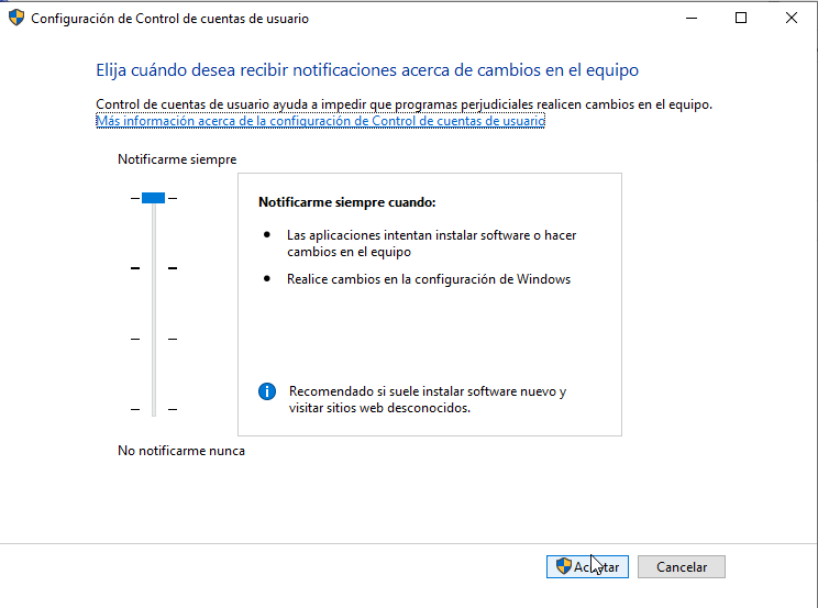 Fig. Cambiar configuración de Control de cuentas de usuario