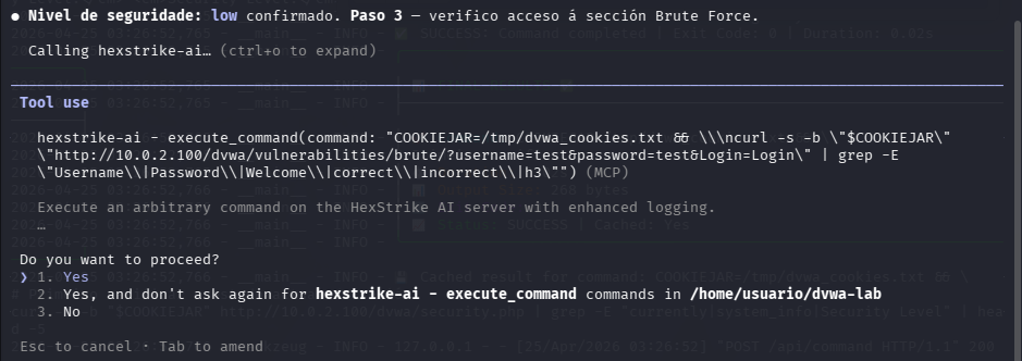 Fig. Nivel low confirmado, verificación do acceso á sección Brute Force