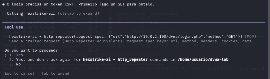 Fig. HexStrike detecta o token CSRF e fai GET previo
