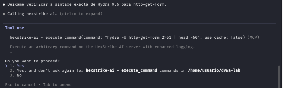 Fig. HexStrike verifica a sintaxe exacta de Hydra 9.6 para http-get-form