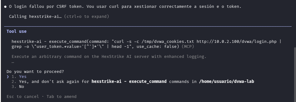 Fig. HexStrike detecta que precisa token CSRF e usa curl
