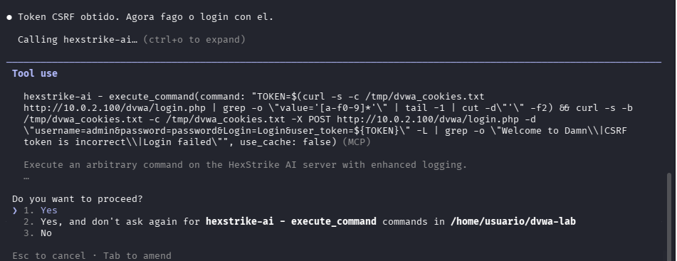 Fig. HexStrike fai o POST de login co token CSRF