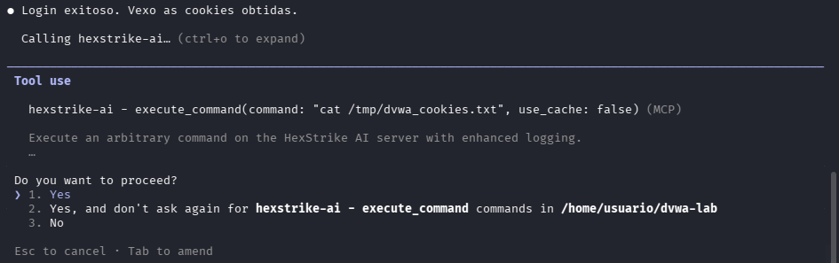 Fig. Login exitoso — HexStrike verifica as cookies