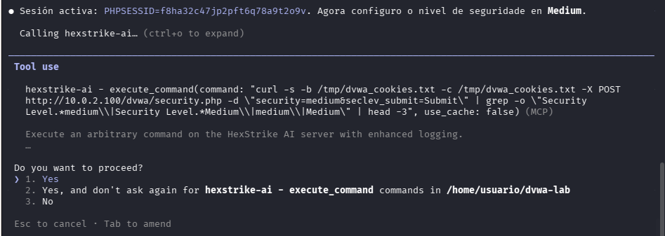 Fig. HexStrike obtén o PHPSESSID e configura o nivel Medium