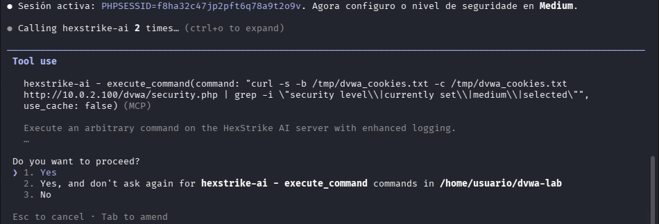 Fig. HexStrike verifica que security=medium está gardado na cookie