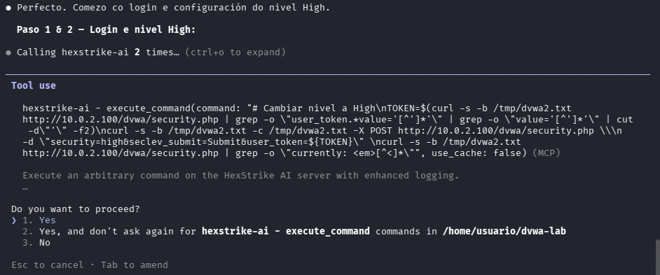 Fig. HexStrike cambia o nivel a High obtendo o token CSRF de security.php