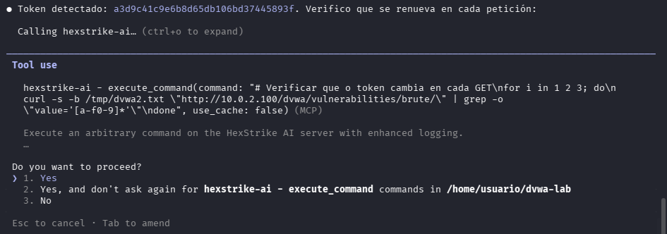 Fig. HexStrike verifica que o token cambia en cada petición GET