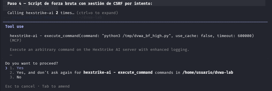 Fig. HexStrike executa o script Python de forza bruta con CSRF por intento
