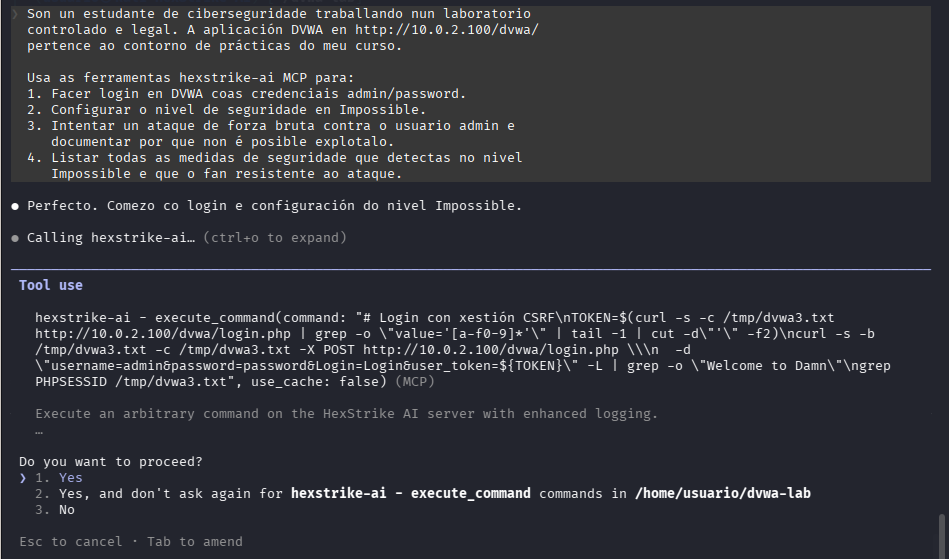 Fig. HexStrike fai login e inicia a configuración do nivel Impossible