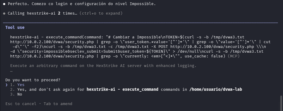 Fig. HexStrike cambia o nivel a Impossible con token CSRF