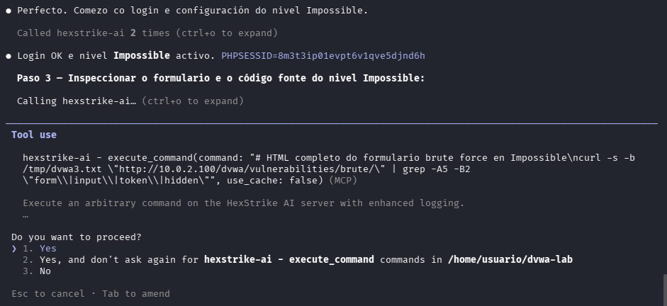 Fig. HexStrike inspecciona o formulario Impossible e executa o script de proba