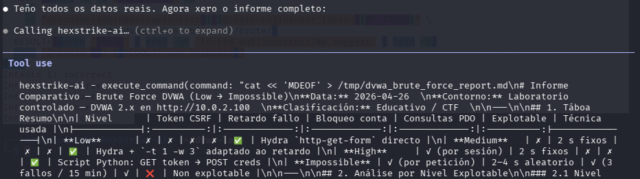 Fig. HexStrike xera o informe completo en markdown con todos os datos reais