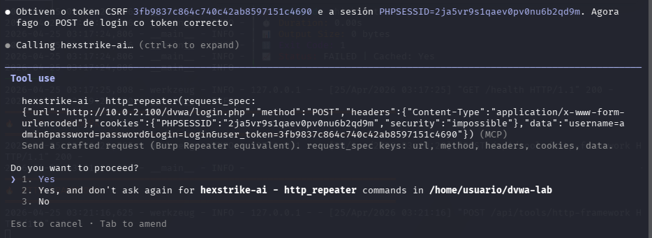 Fig. Token CSRF obtido e POST de login con credenciais