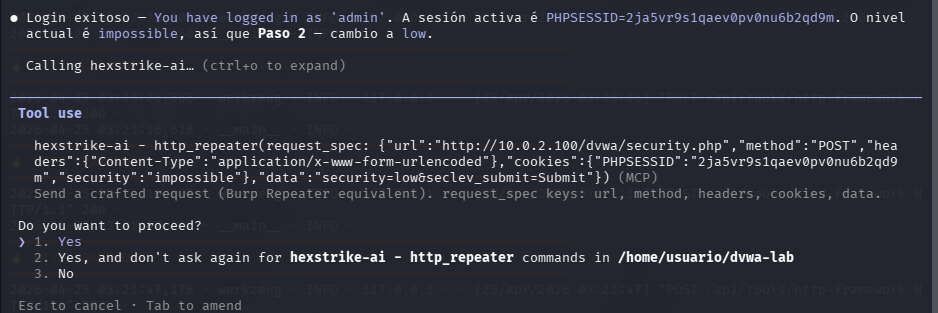 Fig. Login exitoso, nivel impossible detectado, cambio a low