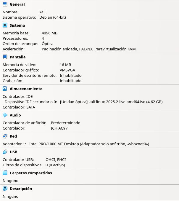 Fig. Configuración en VirtualBox