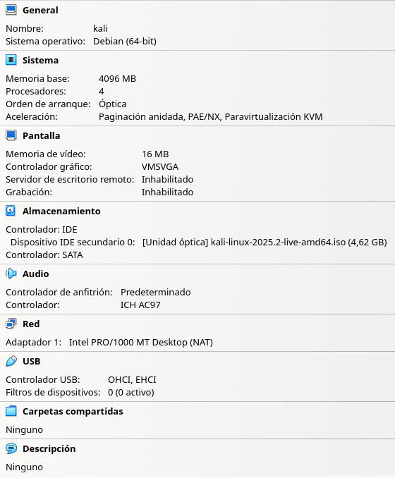 Fig. Configuración en VirtualBox