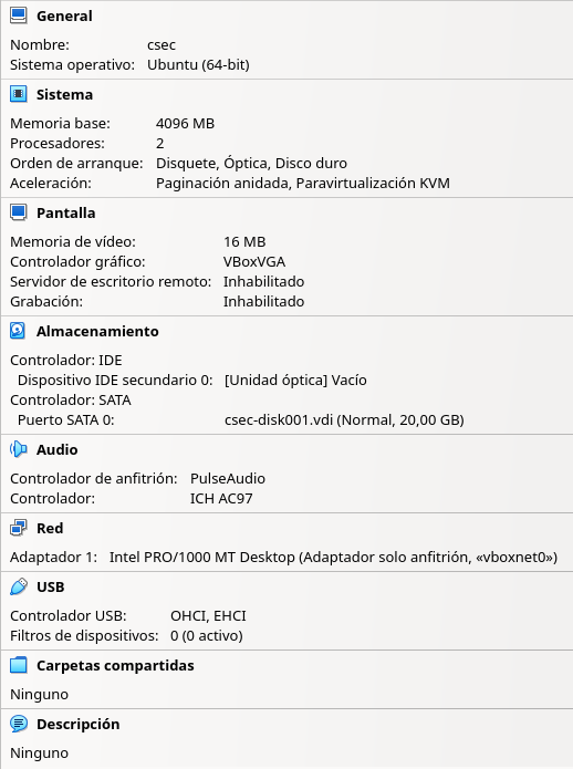 Fig. Configuración en VirtualBox